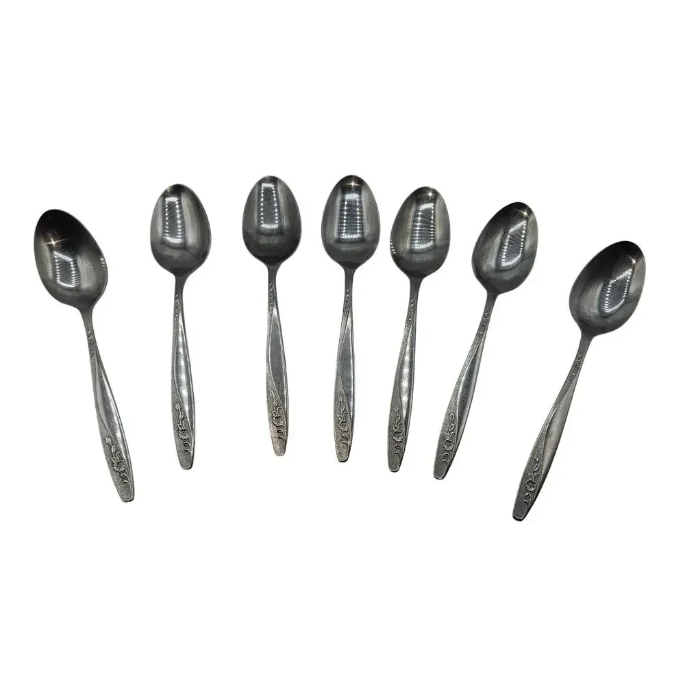 Vintage International Stainless Tablespoons Set 7 Korea Floral Pattern MCM